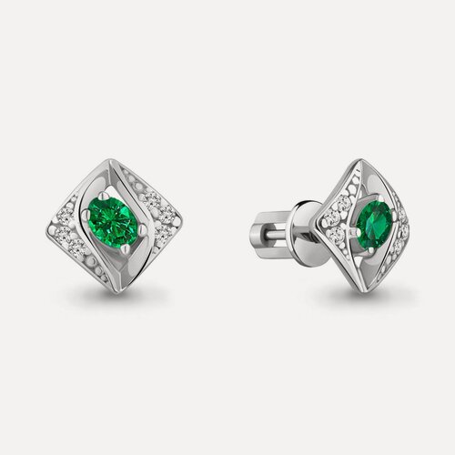Изображение товара Серьги пусеты, серебро, 925 проба, родирование, изумруд синтетический, фианит