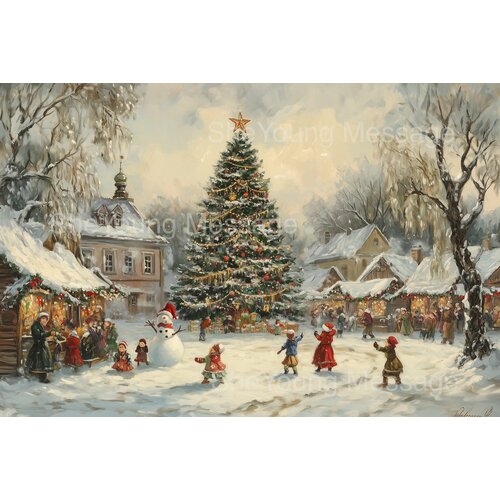 Новогодняя открытка "Новогодний Хоровод", 10 x 15, отголоски стиля Васнецова, с конвертом желтый