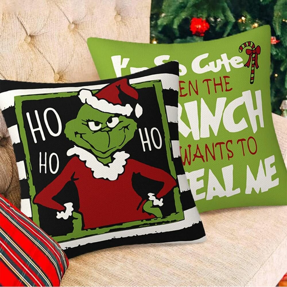 Подушка Grinch 4 шт, новогодний дизайн, зеленый и черный, для дома, гостиной, с Рождеством — фото 1