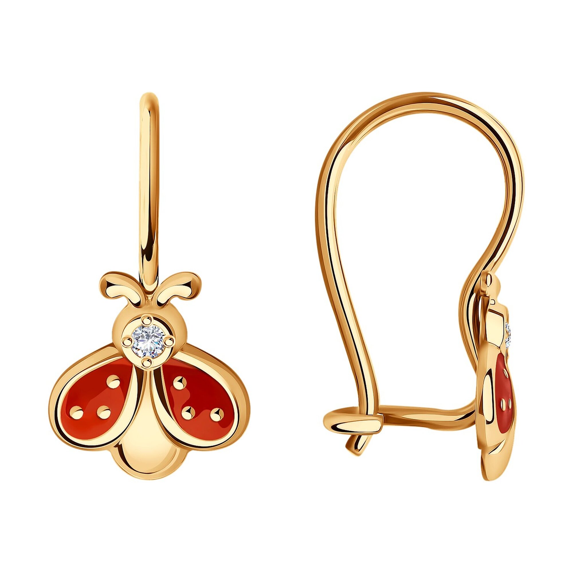 Серьги, красное золото, 585 проба, эмаль, фианит