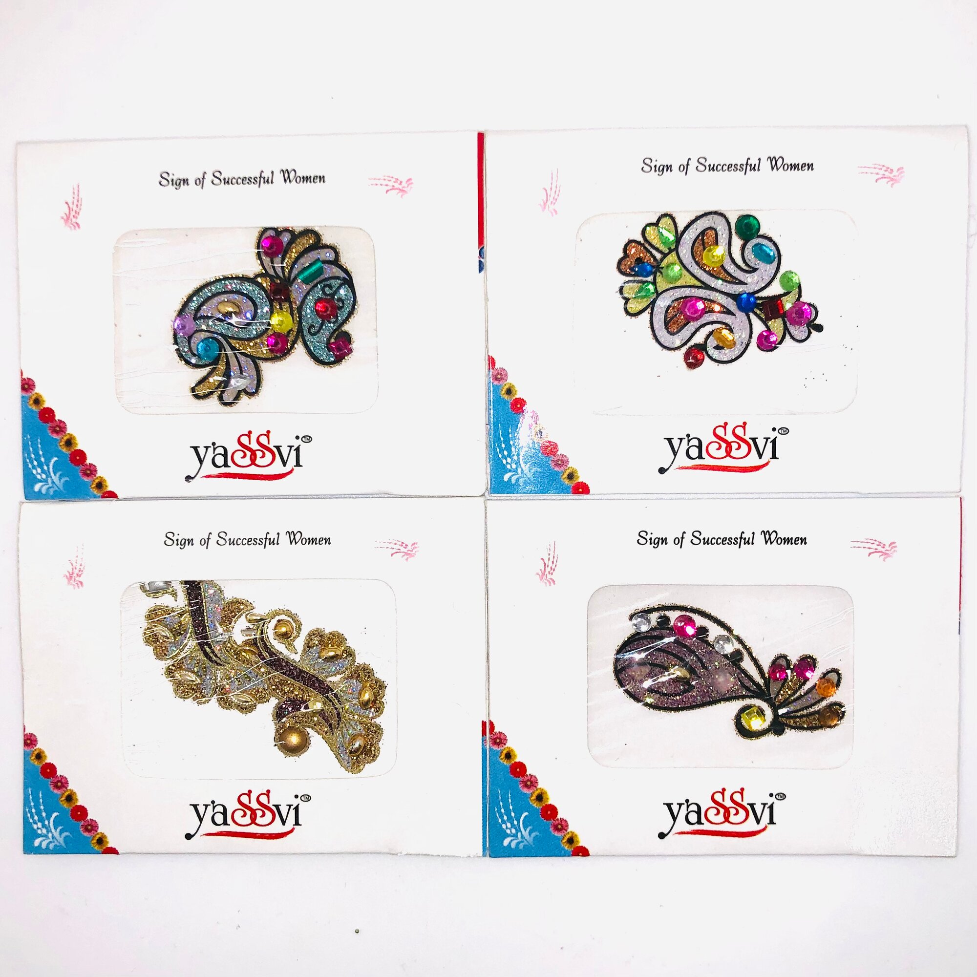 Бинди, набор наклеек 4 шт, на тело/ лицо, блестки, стразы, 6х5 см, Индия.