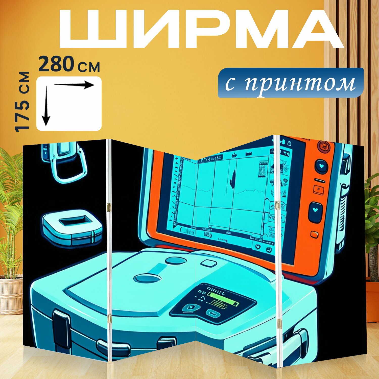 Ширма "Портрет медицинского оборудования, такого как дефибриллятор и кардиомонитор, с акцентом на высокую технологичность" перегородка для зонирования комнаты с принтом 280x175 см. на холсте