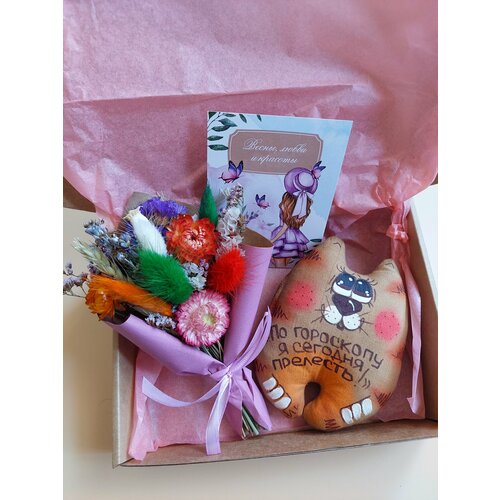 Подарочный набор сувенир букет сухоцветов котик подарок комплимент на 8 марта