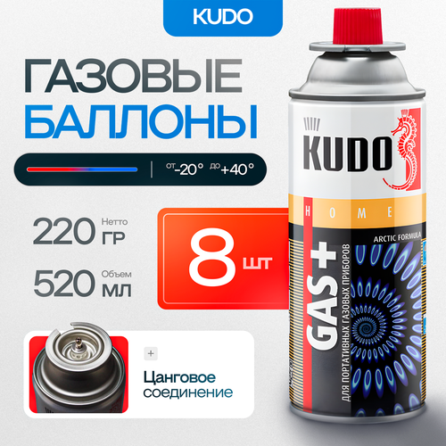 Газовые баллоны KUDO 8 штук 220 гр цанговые от -20 до 40 для газовых плит горелок обогревателей 1690₽