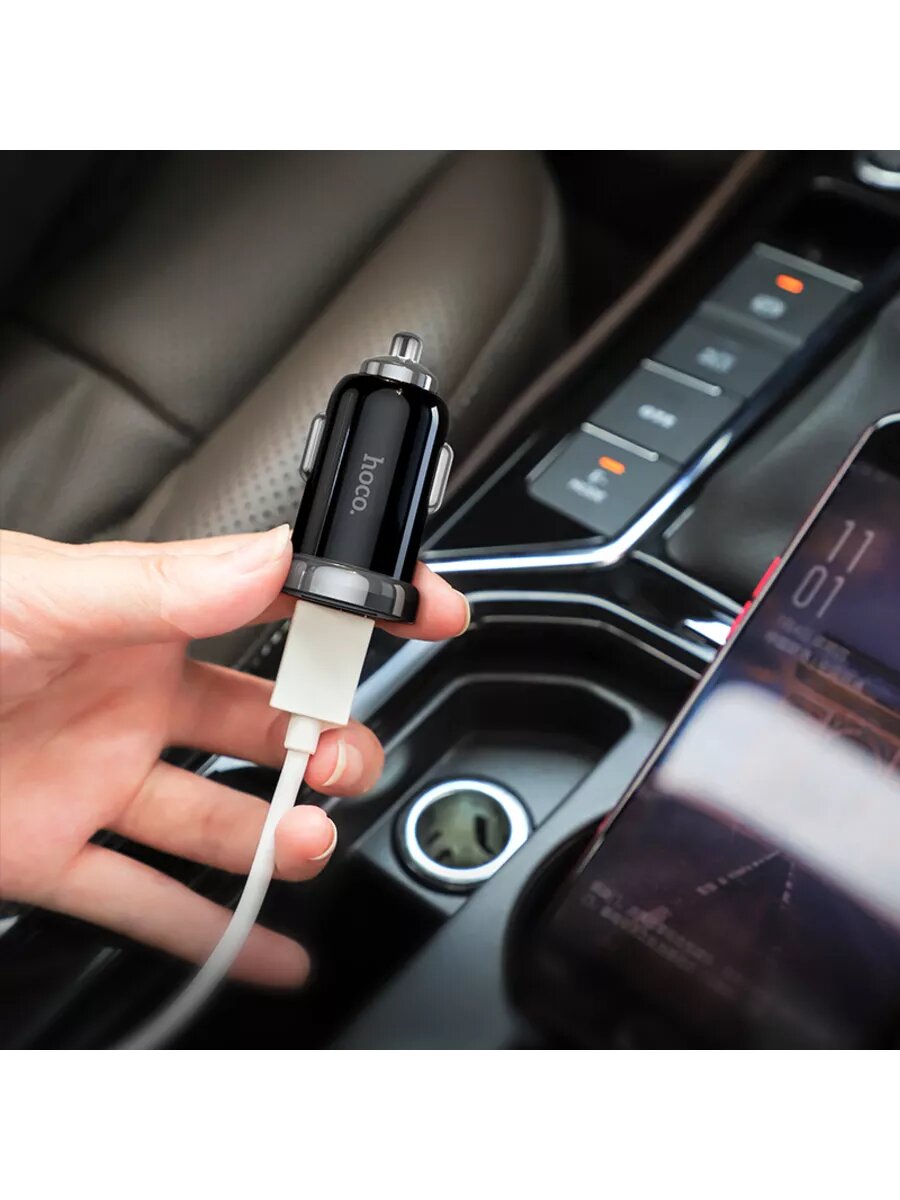 Автомобильное зарядное устройство быстрое PD+QC 3.0 USB+USB Type-C Hoco Z44 Leading - Черное — фото 1