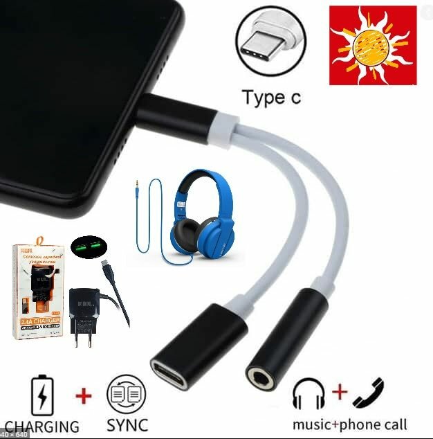 Адаптер- переходник 2в1 разветвитель Type-C на Audio AUX + Type-C разъём для зарядки телефона — фото 1