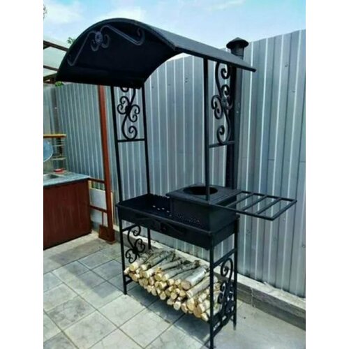 Мангал с крышей и дымоходом. Усиленное барбекю горячекатанная сталь. С печкой и местом под казан
