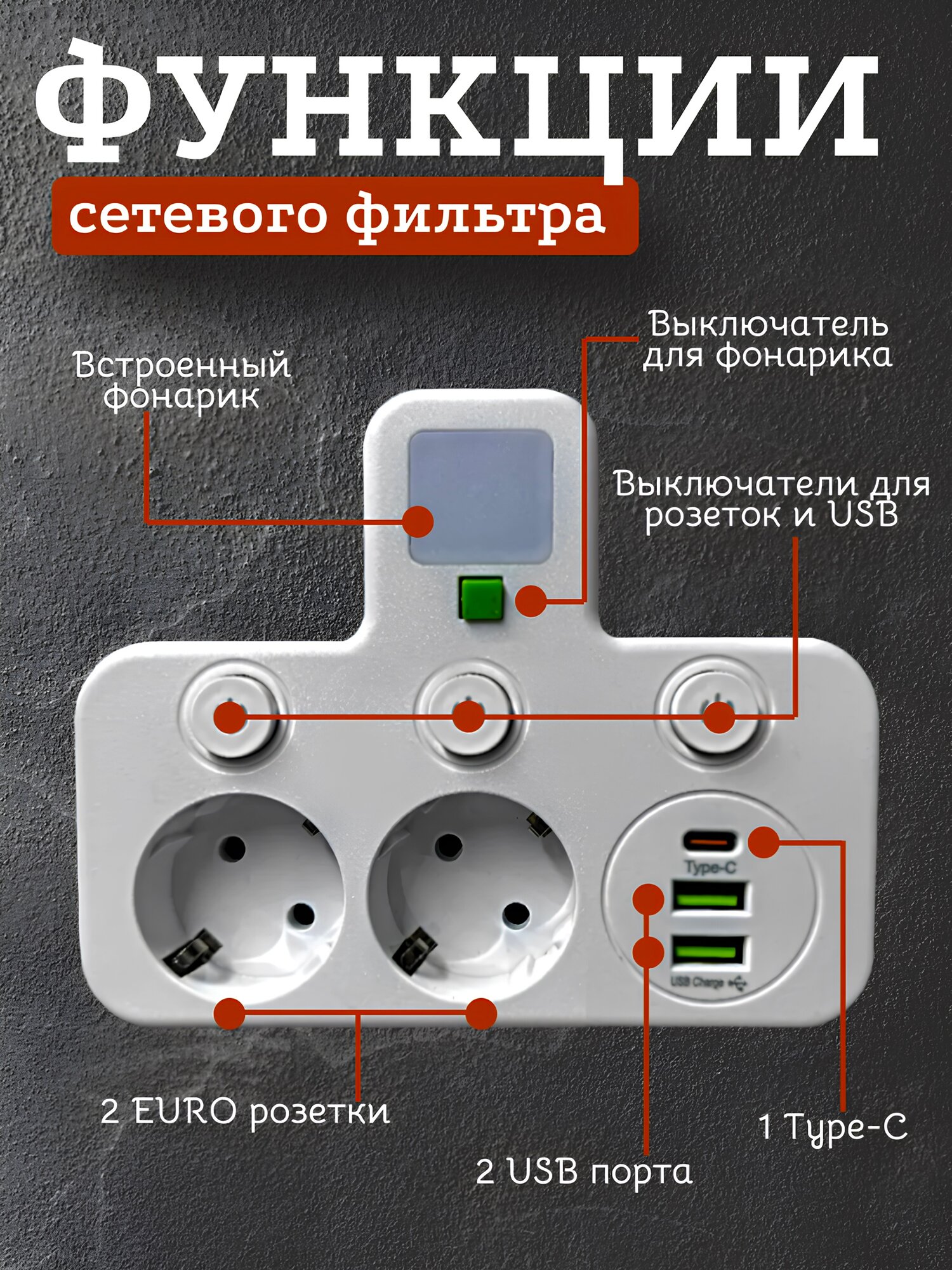 Сетевой разветвитель с 2-мя розетками и 2 USB / Двойник с подсветкой и Type-C портом — фото 1
