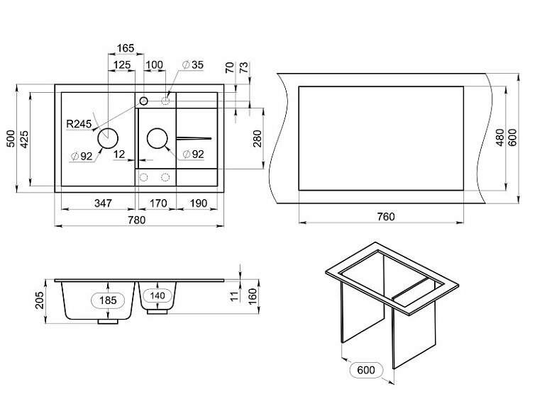 Кухонная мойка Granula 7802 (черный) - фото №3