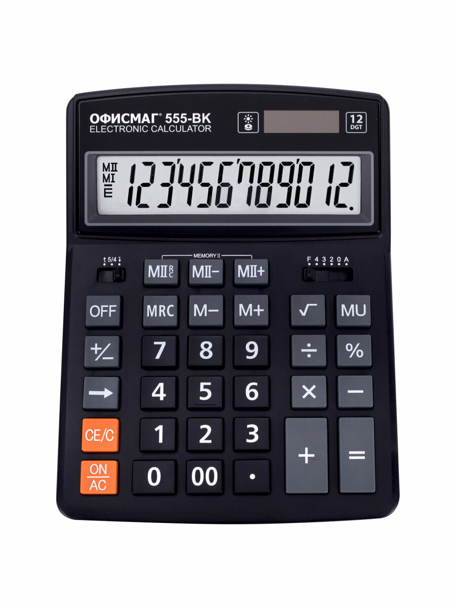 Калькулятор настольный большой 12 разрядный 206x155 мм двойное питание черный Офисмаг 555-BK 271729