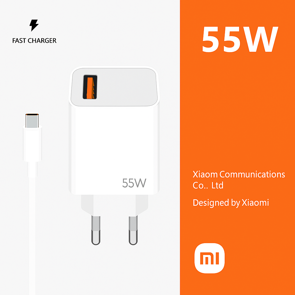 Зарядный адаптер Xiaomi 55W Type-C — быстрая зарядка, качество, с кабелем 1 метр, белый цвет