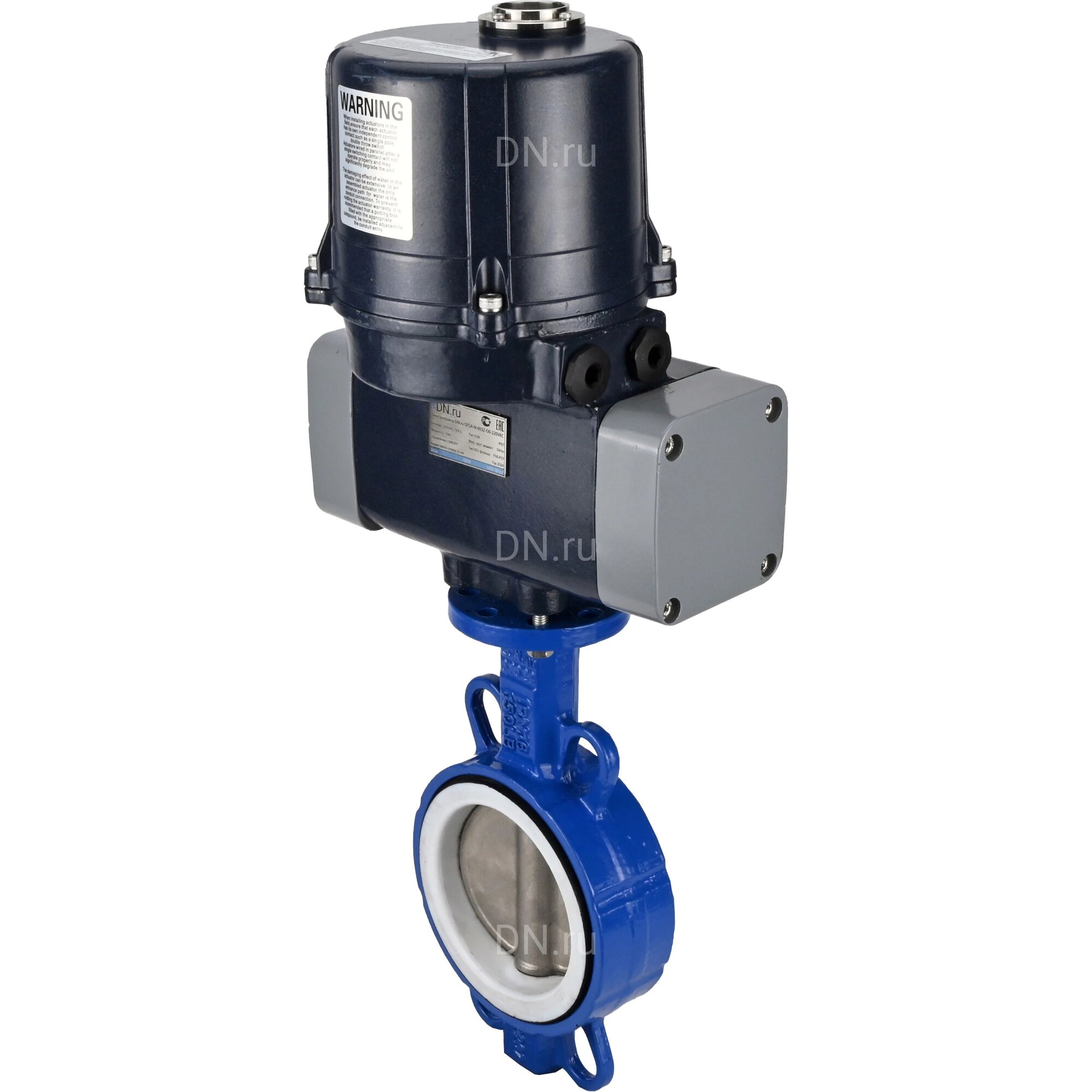Затвор дисковый поворотный DN.ru WCB-316L-PTFE Ду80 Ру16 межфланцевый, корпус - углеродистая сталь WCB, диск - нержавеющая сталь 316L, уплотнение - PTFE, с электроприводом четвертьоборотным DN. ru ЭПВП-007 220В с пружинным возвратом