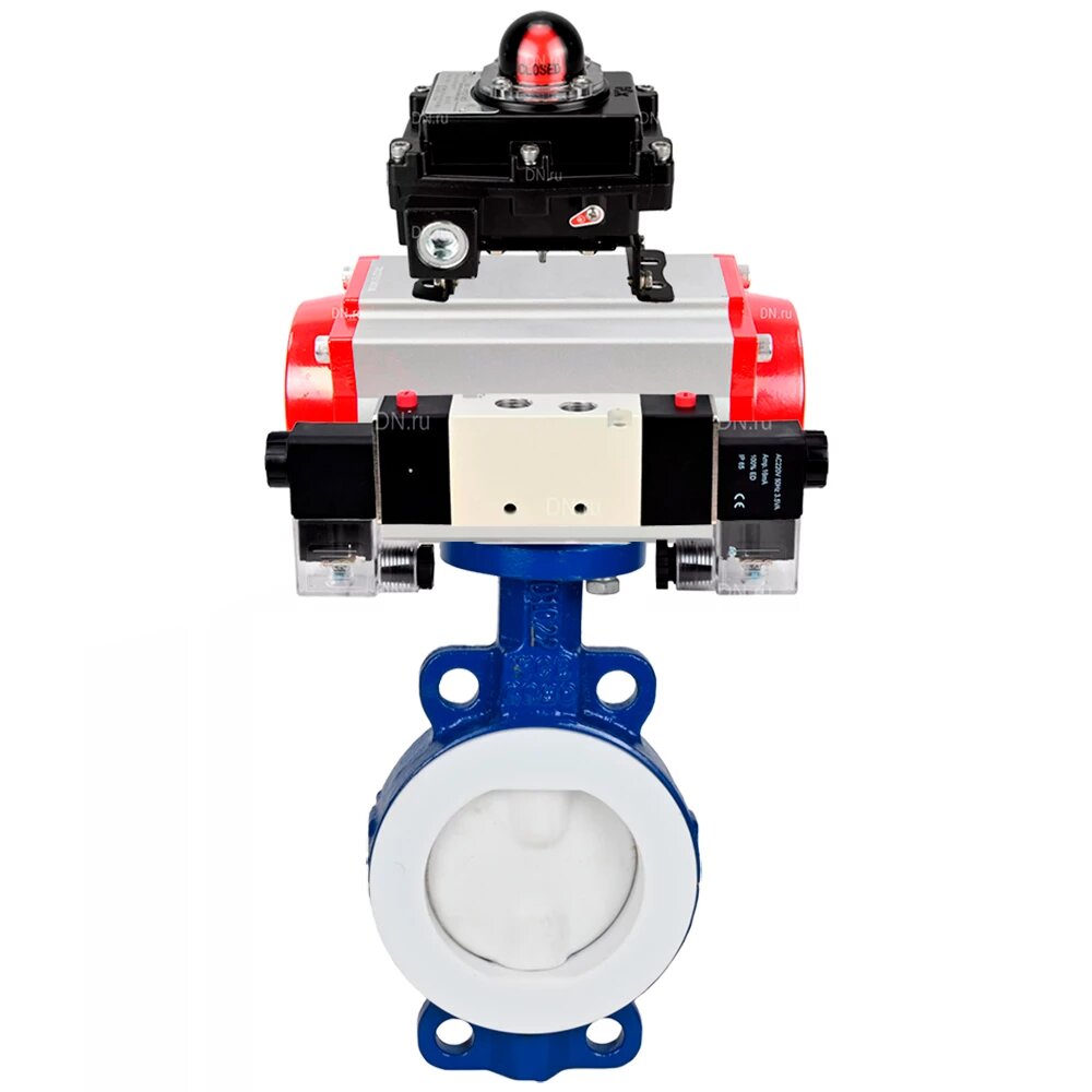 Затвор дисковый поворотный DN.ru WCB-WCB-PTFE-PTFE-Fb-H Ду125 Ру16 корпус углеродистая сталь WCB, диск углеродистая сталь WCB, футерованный PTFE, уплотнение PTFE, с пневмоприводом SA-130, пневмораспределителем PND1-S2EM-52-2-T10-220VAC и БКВ LSB-410-02Ex