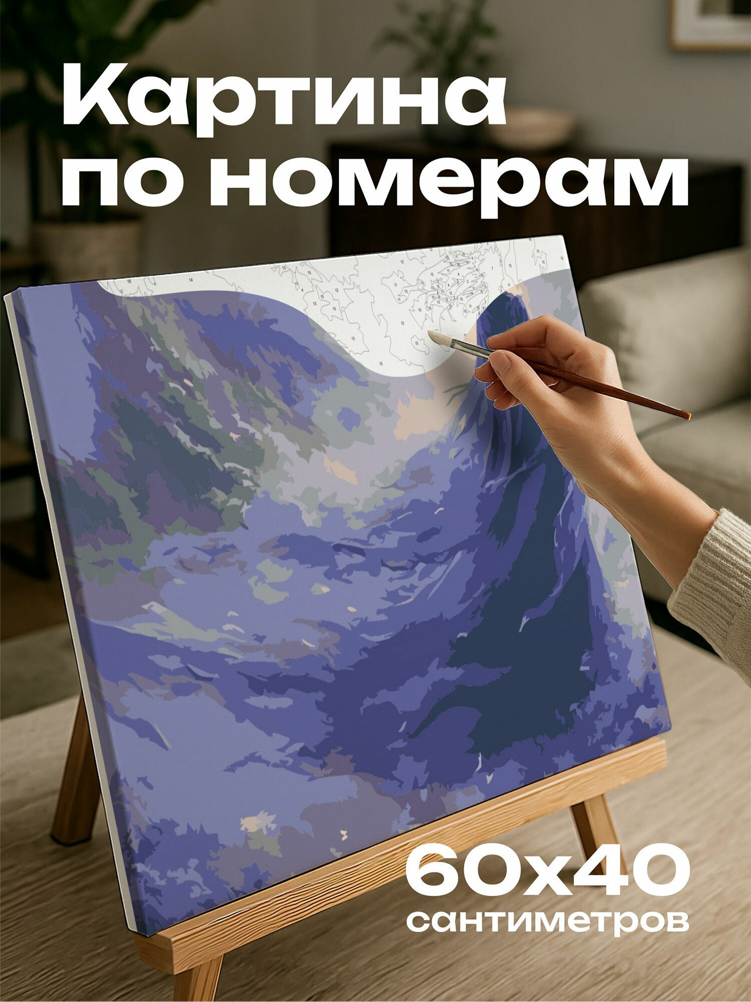 Картина по номерам 60x40 см, масляная картина, лавандовый плащ, таинственная фигура, клубящийся туман, неземной свет