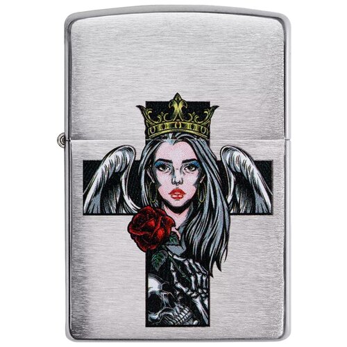 Зажигалка ZIPPO Cross, Queen & Skull с покрытием Brushed Chrome, серебристая, 38x13x57 мм