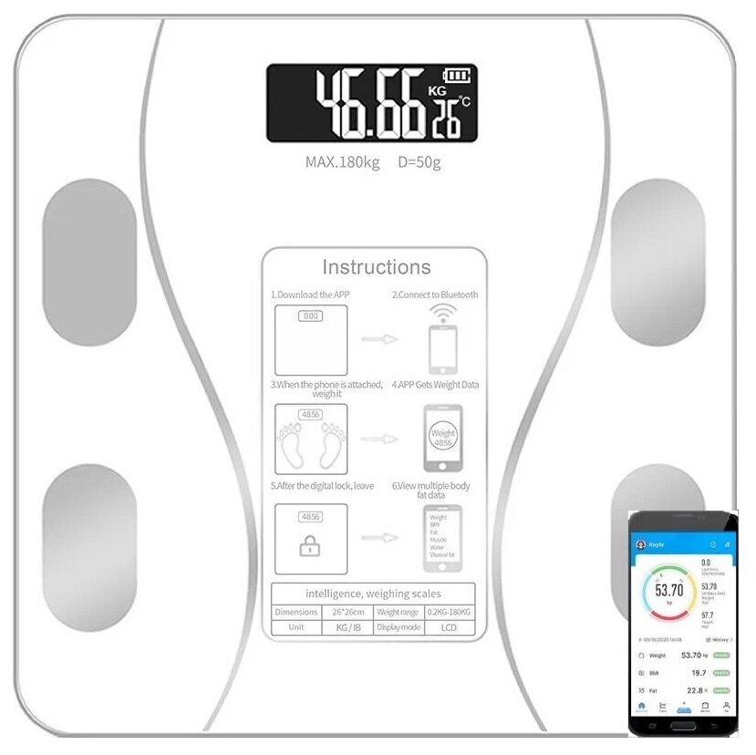Умные весы с диагностикой параметров тела, напольные весы, электронные весы, smart-весы, весы напольные, весы, белые - фотография № 4