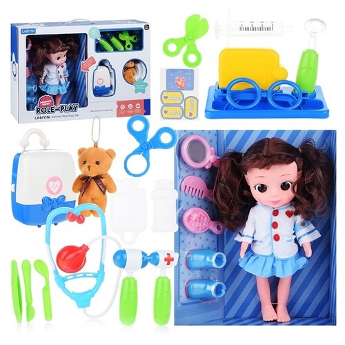 фото Кукла oubaoloon музыкальная, 32 см, с аксессуарами, набором доктора, чемоданом и мягкой игрушкой, в коробке (339-5c)