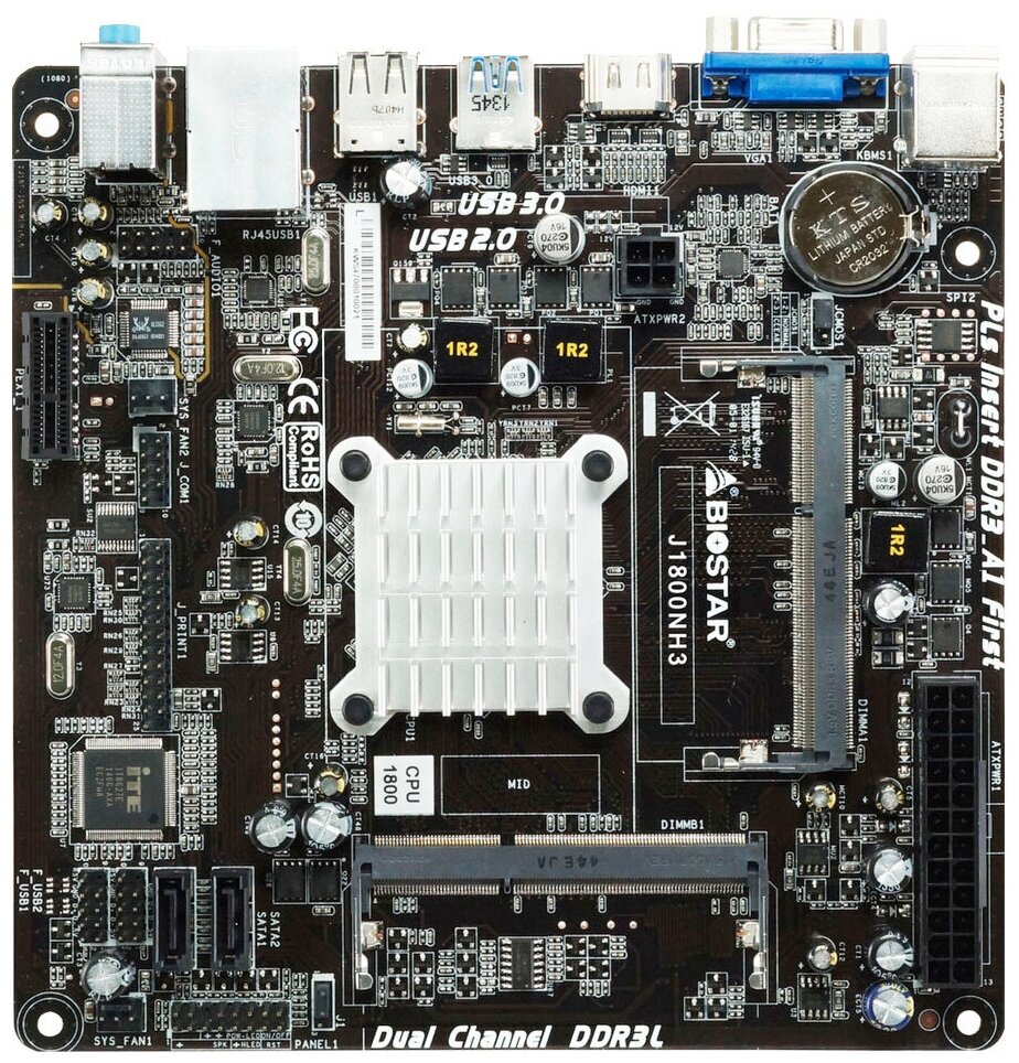 BioStar J1800NH3 Celeron J1800 SoC onboard rtl Dsub+HDMI GbLAN Sata Mini-ITX 2DDR3 So-dimm .