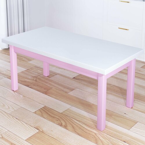 Стол журнальный Классика с белой столешницей из массива сосны 40 мм и розовыми ножками, 110х60х46 см
