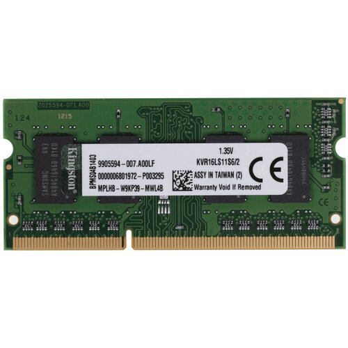 Оперативная память Kingston ValueRAM 2 ГБ DDR3L SODIMM CL11 KVR16LS11S6/2 комплект 5 штук модуль памяти patriot ddr3l so dimm 8gb 1600мгц cl11 psd38g1600l2s