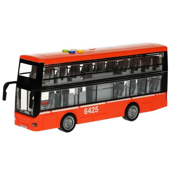 Автобус двухэтажный свет+звук оранжевый 29см Технопарк пластик инерция