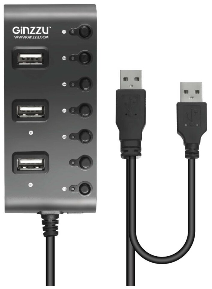 Разветвитель USB Ginzzu GR-487UAB (7 портов USB 2.0 + адаптер) черный