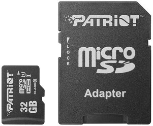 Карта памяти Patriot Memory microSDHC 32 ГБ Class 10, R 80 МБ/с, адаптер на SD