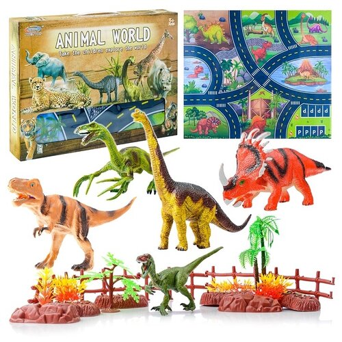 фото Набор динозавров oubaoloon 5 шт, игровое поле, забор, элементы ландшафта, в коробке (by168-333)