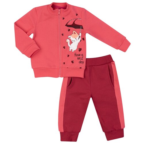 фото Комплект для девочки джемпер на замке и брюки,км-1425-д, утенок, размер 60(рост 92) коралл_кошка
