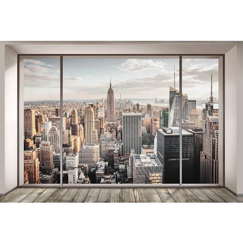 Моющиеся виниловые фотообои GrandPiK Нью-Йорк сквозь панорамное окно, 450х300 см
