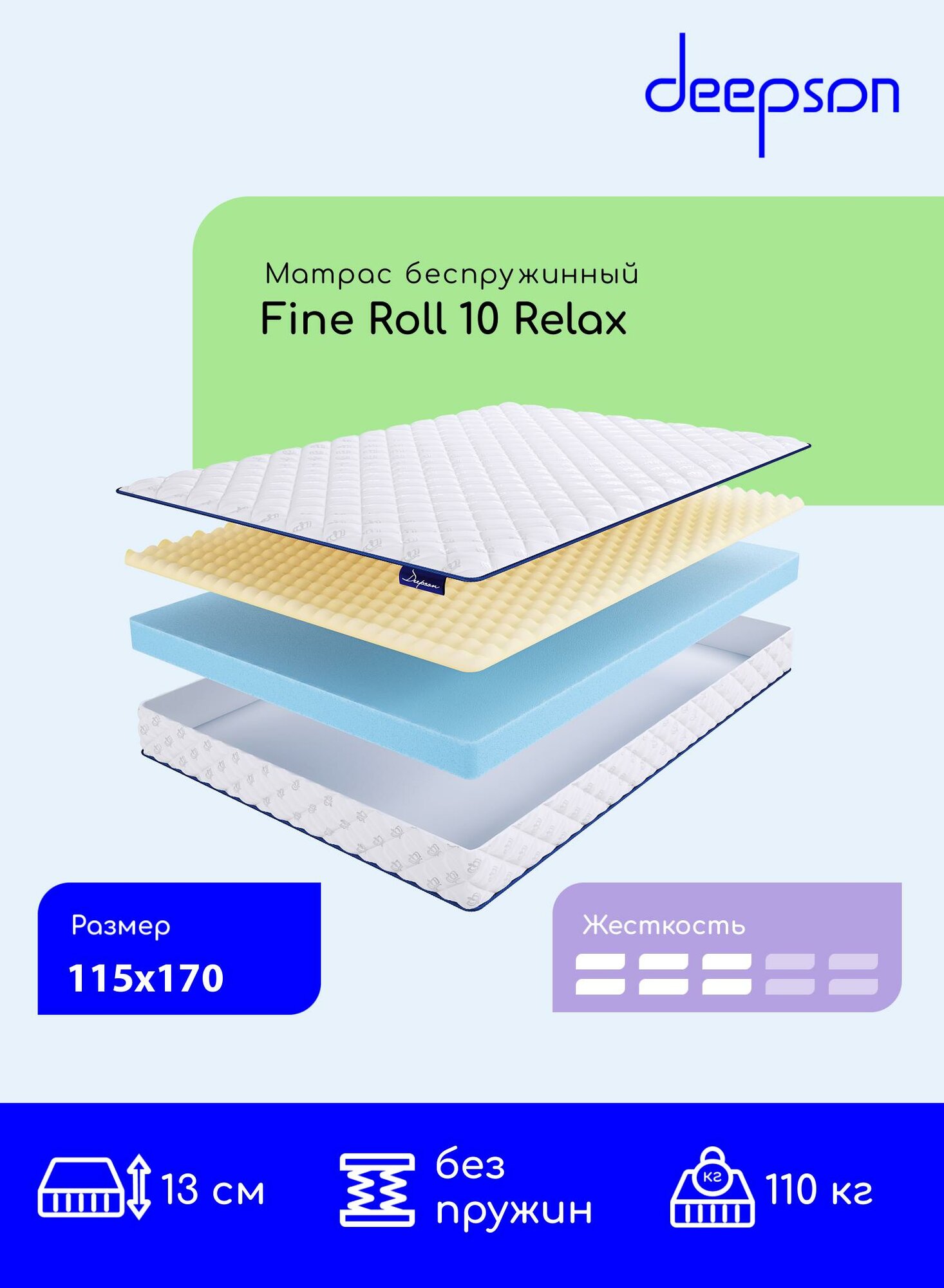 Матрас 115x170 ортопедический беспружинный Deepson Fine Roll 10 Relax