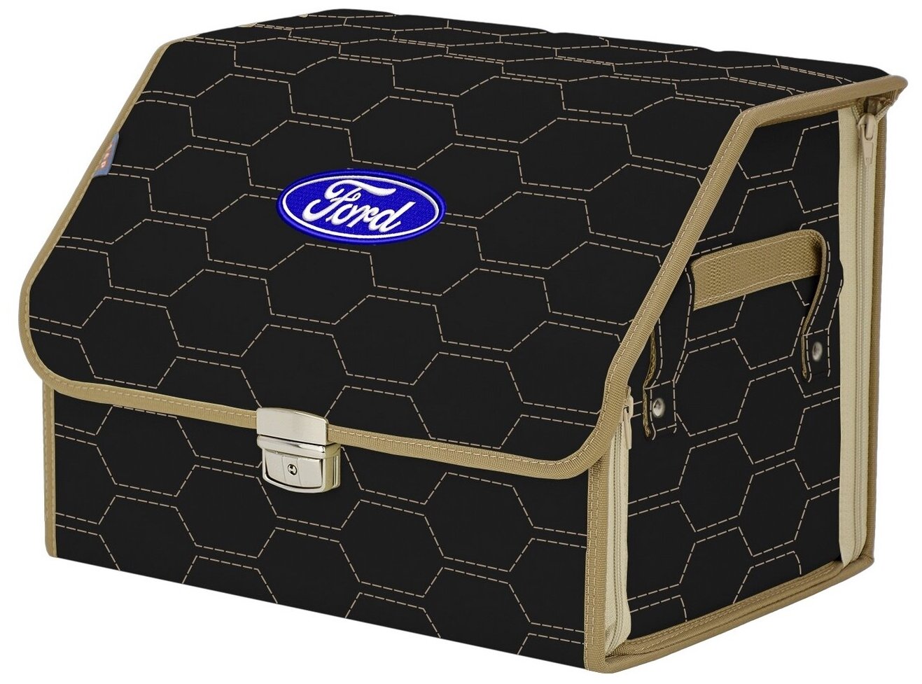 Органайзер-саквояж в багажник "Союз Премиум" (размер M). Цвет: черный с бежевой прострочкой Соты и вышивкой Ford (Форд).