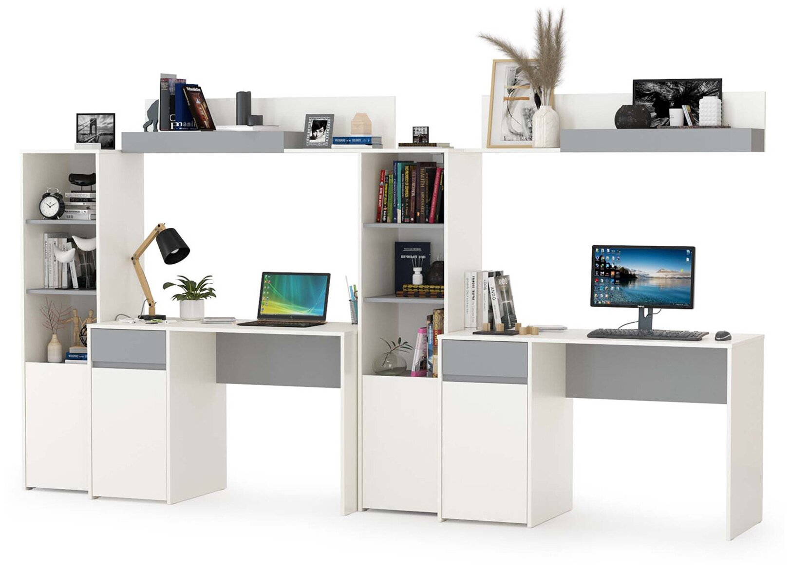 Компьютерный стол письменный для дома 320см белый шагрень/стальной серый - НЖ1638