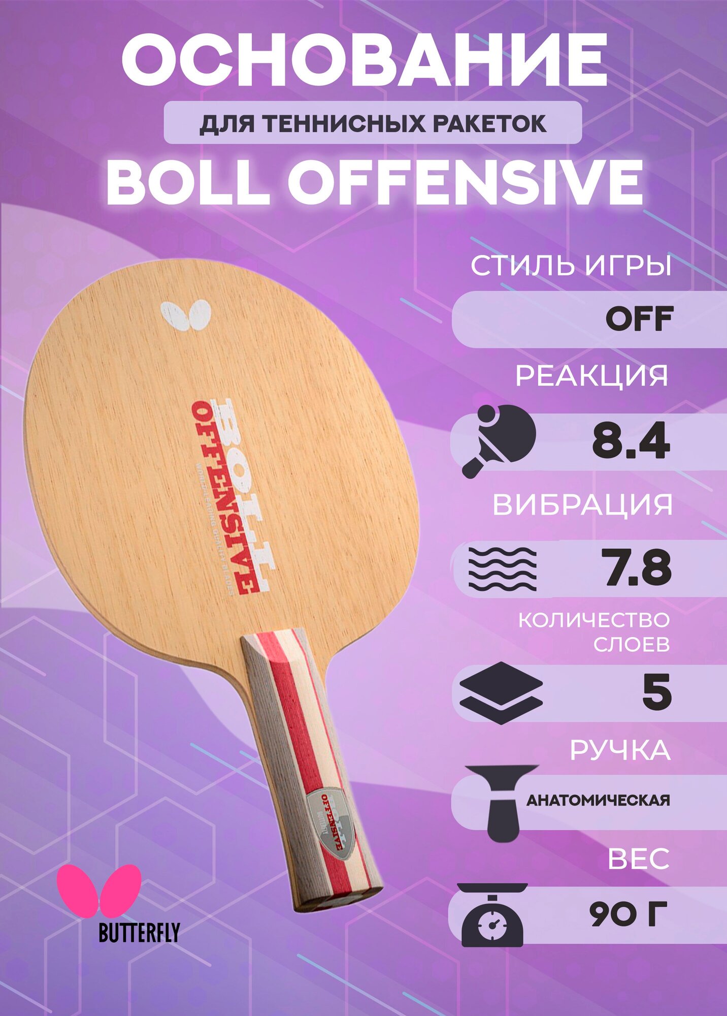 Основание ракетки для настольного тенниса Butterfly Boll Offensive, тип ручки AN