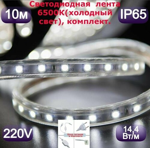 Влагостойкая уличная светодиодная лента готовый комплект 10м. 220в,14,4 вт/м,( 60 светодиодов на метр)6500К(холодный свет свет) морозостойкая, LED.