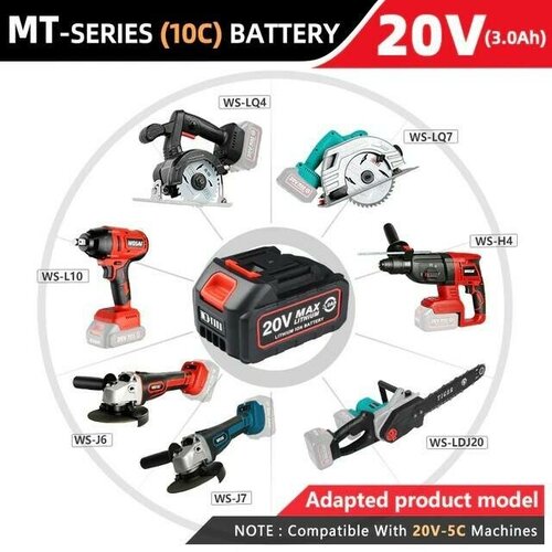 Аккумуляторная батарея WOSAI MT-20V-3.0AH-10C для инструмента / аккумулятор для дрели, ушм, цепной пилы, шуруповёрта, воздуходувки и т. д.