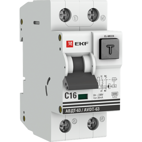 Дифференциальный автомат АВДТ-63 16А/ 30мА (характеристика C, эл-мех тип AС) 6кА PROxima | код. DA63-16-30-AC | EKF (2шт. в упак.)