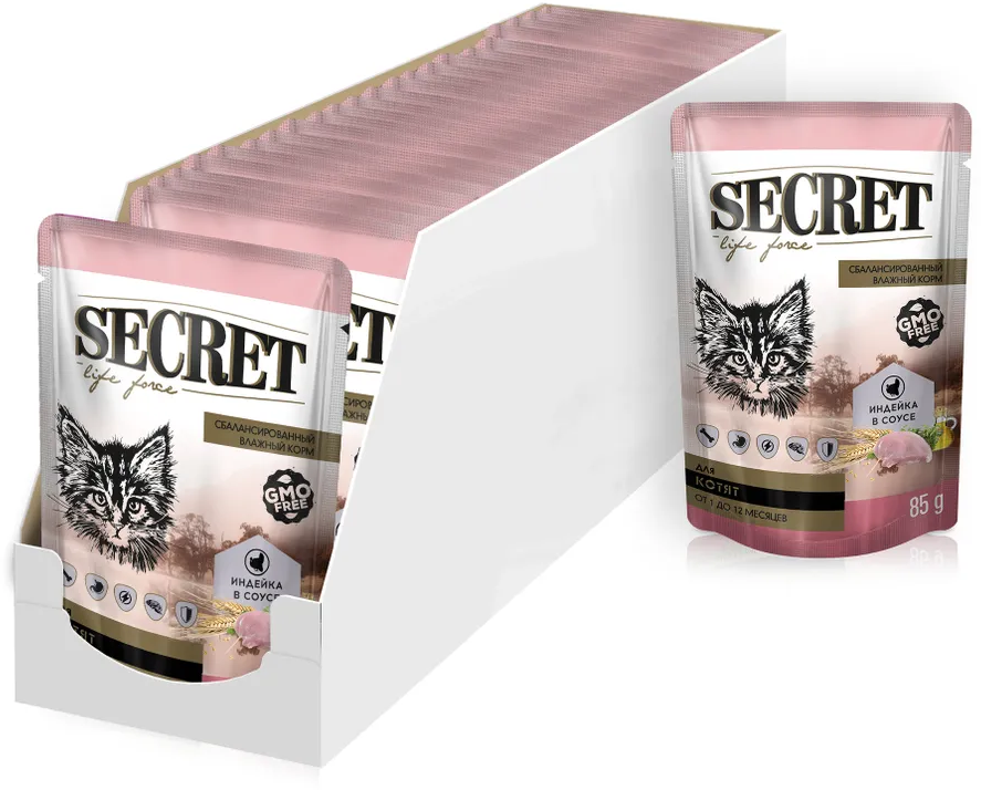 Влажный корм для котят Secret Life force с индейкой, кусочки в соусе, влажный корм, паучи упаковка 24 шт х 85г - фотография № 1