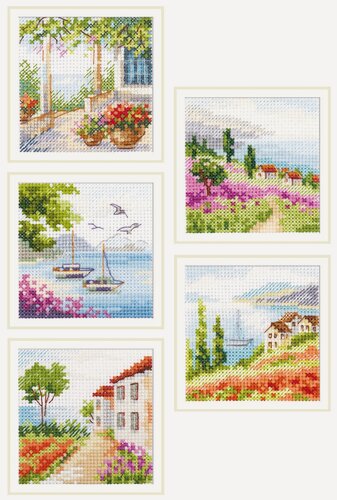 Изображение товара Творческий комплект из пяти наборов Алиса "Виды на море" 7х7 см G-16 с качественными нитками мулине, хлопковой канвой, удобной иглой, схемой и инструкцией для вышивания картины крестом