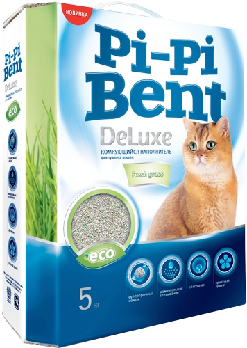 Комкующийся наполнитель для кошачьего туалета Pi-Pi Bent DeLuxe Fresh grass "Свежескошенная трава", 5 кг