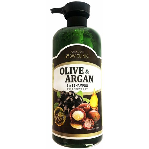 Шампунь для волос восстанавливающий 3W Clinic Olive  Argan 2 in 1 Shampoo для поврежденных волос с оливковым и аргановым маслами 500 мл