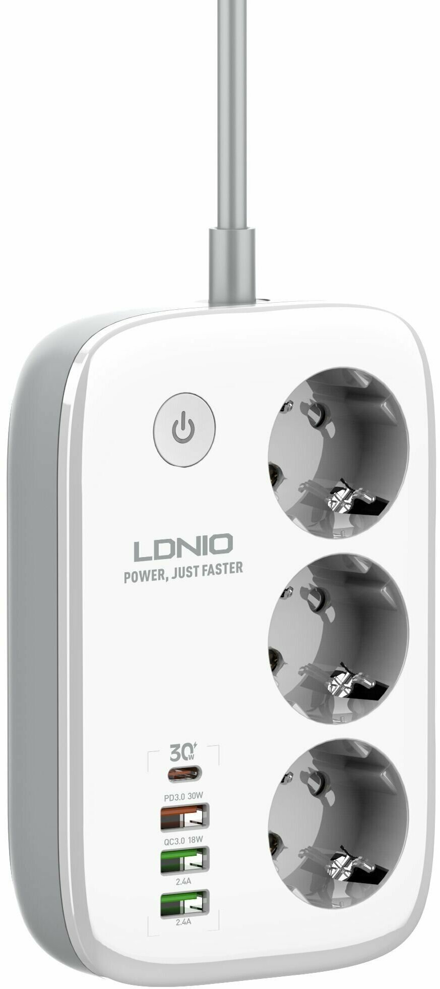 Сетевой удлинитель LDNIO SEW3452 2м Wi-Fi упр 3 розетки 2500W 4 USB: QC 30+PD 30 30W White