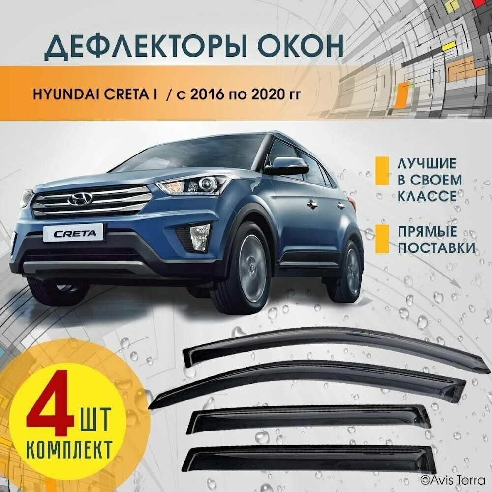 Дефлекторы на окна автомобиля Hyundai Creta I (Хендай Крета 1) 2016-2020, ветровики на Хундай Крета 1