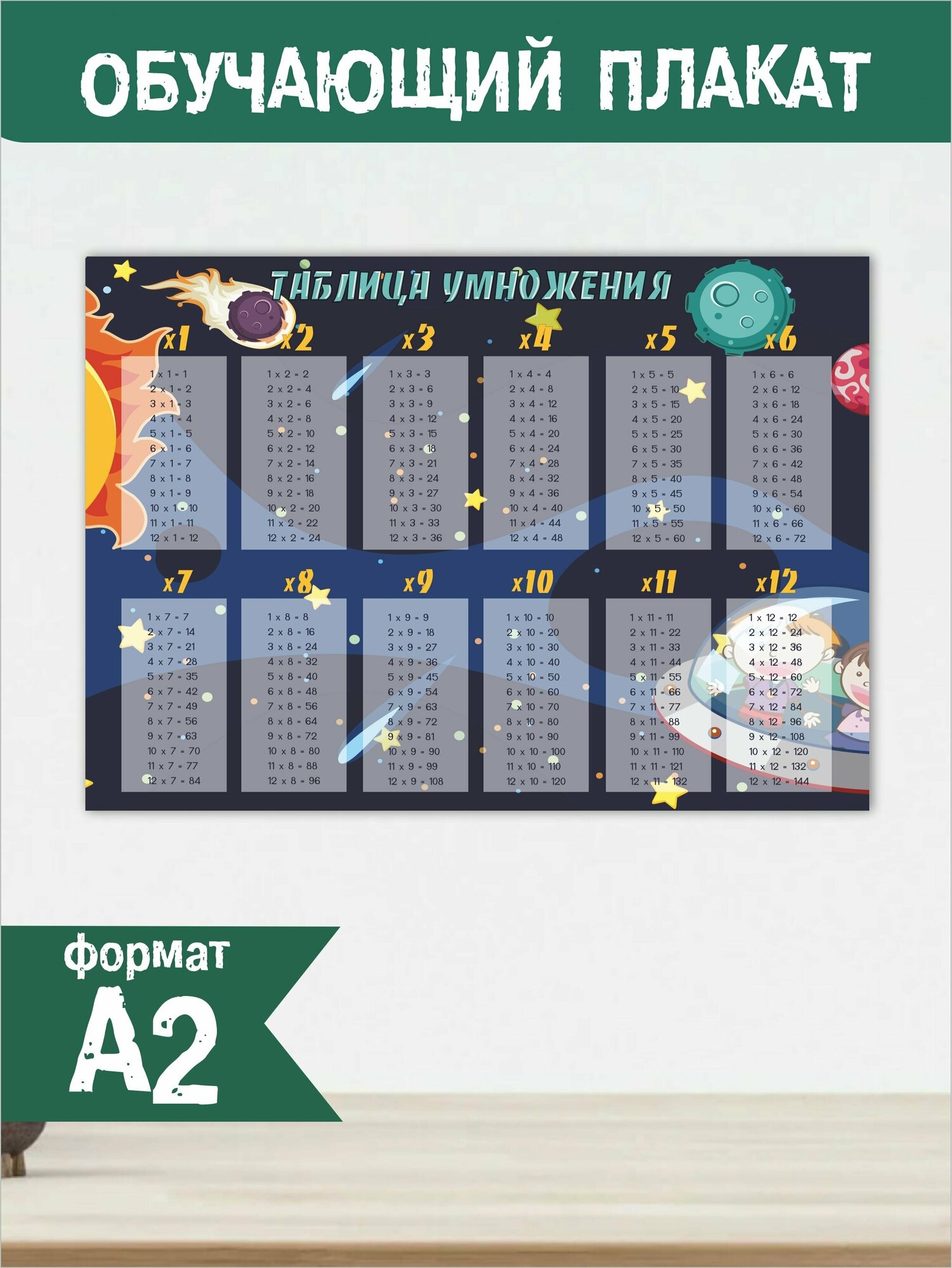 Обучающий плакат Таблица умножения, размер 42х60 см, А2, на глянцевой фотобумаге