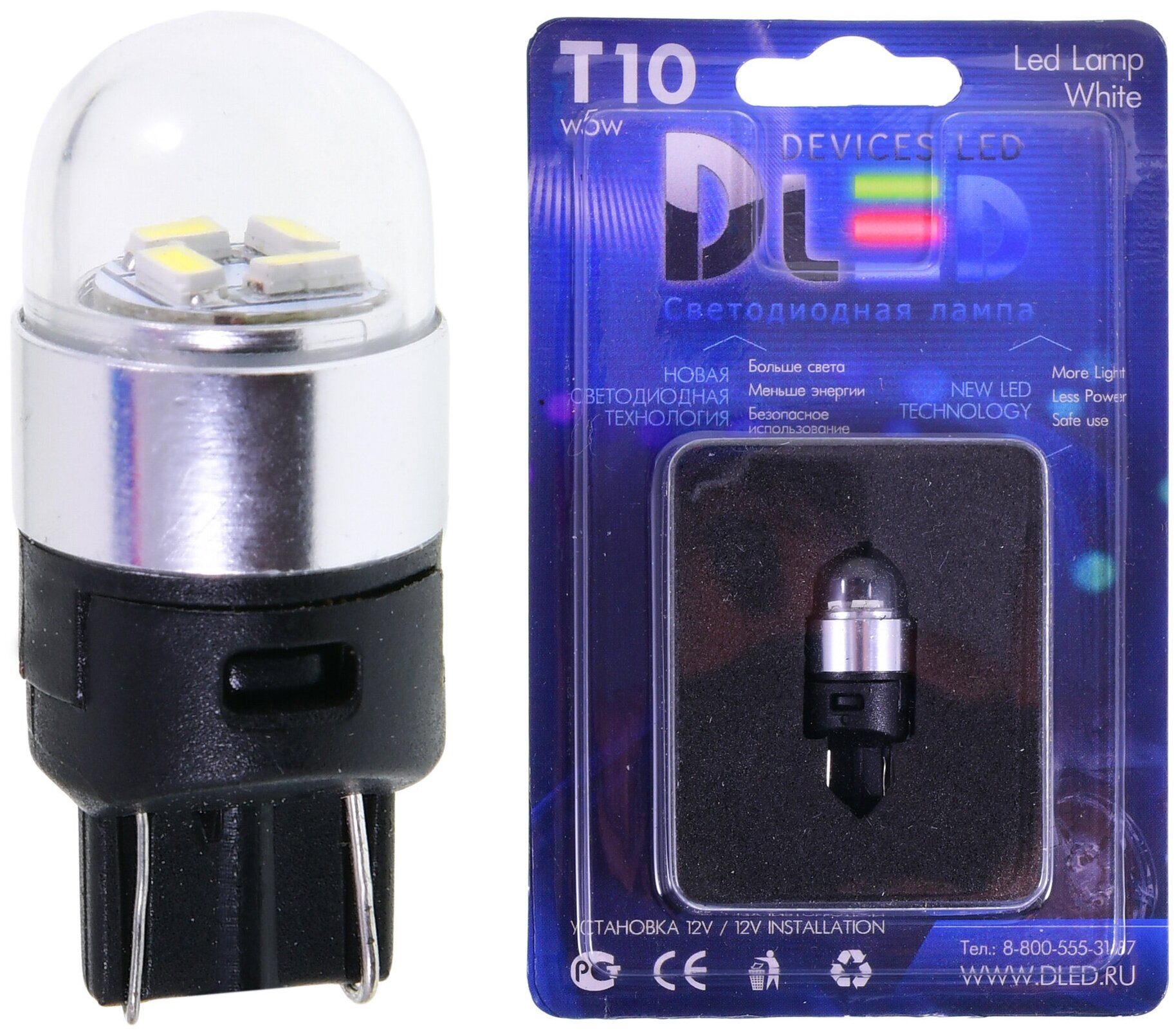 Светодиодная автомобильная лампа DLed T10 - W5W - 4 SMD3014 + Колба (1 шт-лампа.)