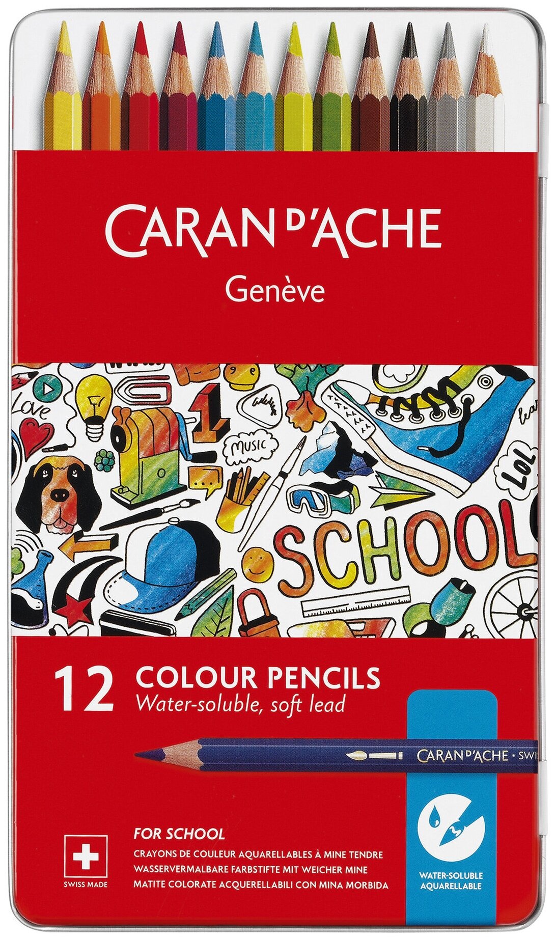 Карандаши цветные Carandache School Line 1290.312 акварельные шестигранный дерево металлик металлическая коробка (12 штук)