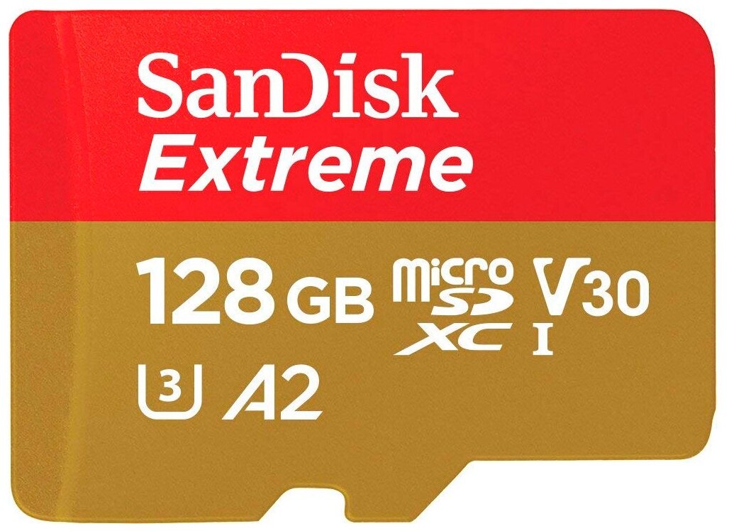 Карта памяти SanDisk microSDXC 128 ГБ Class 10, V30, A2, UHS Class 3, R/W 160/90 МБ/с, адаптер на SD