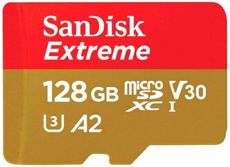 Карта памяти SanDisk Extreme microSDXC Class 10 UHS Class 3 V30 A2 160MB/s + SD adapter 128 GB, чтение: 160 MB/s, запись: 90 MB/s, адаптер на SD