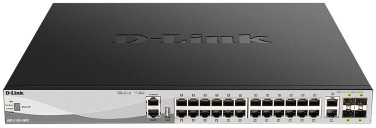 D-Link PROJ Managed L3 Stackable Switch 24x1000Base-T PoE, 2x10GBase-T, 4x10GBase-X SFP+, PoE Budget 370W (740W with DPS-700), Surge 6KV, CLI, 1000Bas