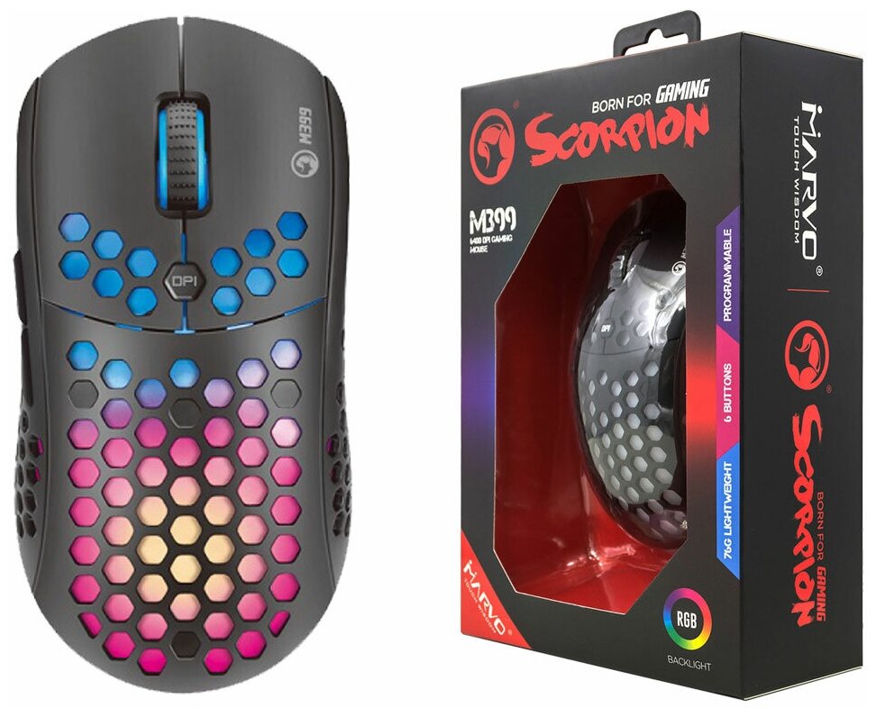 Мышь игровая Marvo M399 6 кнопок 800-6400 dpi проводная USB 15 метра с подсветкой черная